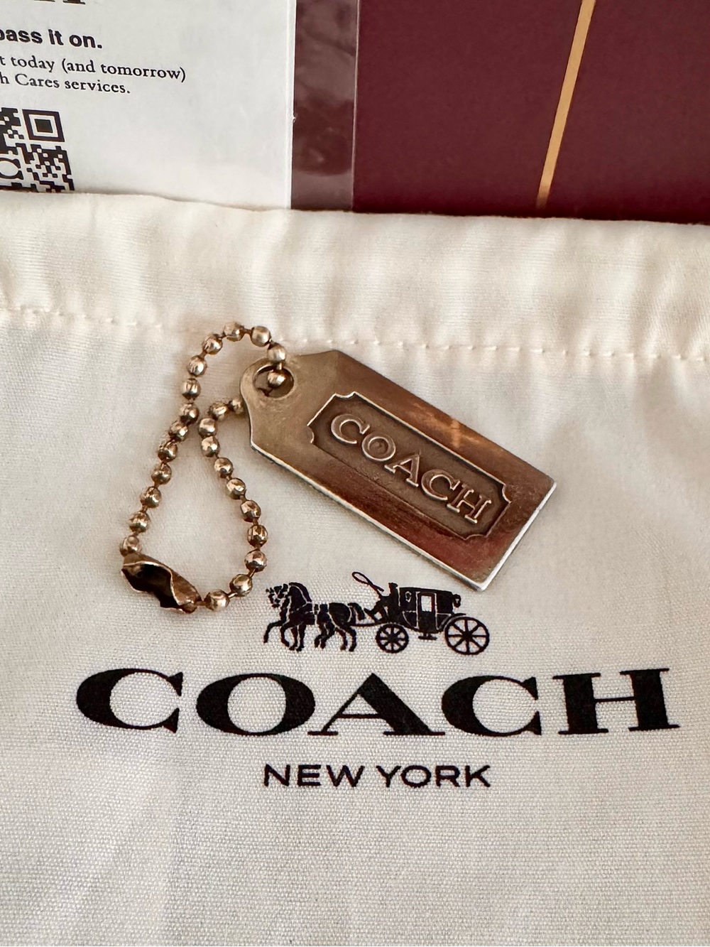 VNTG COACH Rare Brass Metal Hangtag & Ball Chain Set w/ Auth New Coach Dust Bag